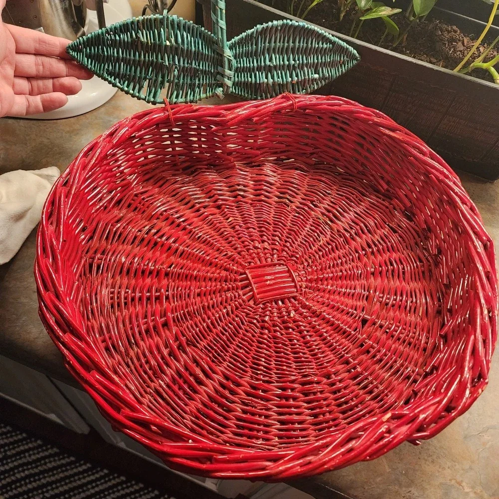 Vintage Red Wicker Apple Shaped Large Basket With Green Stem, Serving